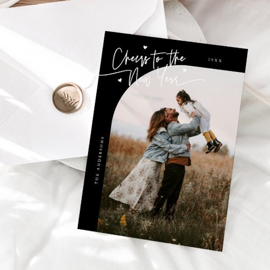 Cheers To The New Year Black Curved Frame Photo Feestdagenkaart