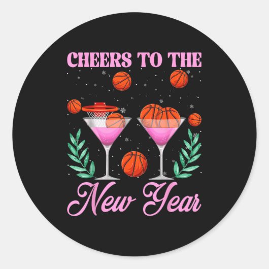 Cheers To The New Year Champagne Gl &amp; Basketba Ronde Sticker (Voorkant)
