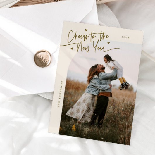 Cheers To The New Year Cream Curved Frame Photo Feestdagenkaart
