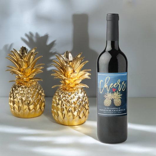 Cheers to Wedding Gold Pineapple Couple Navy Blue Wijn Etiket