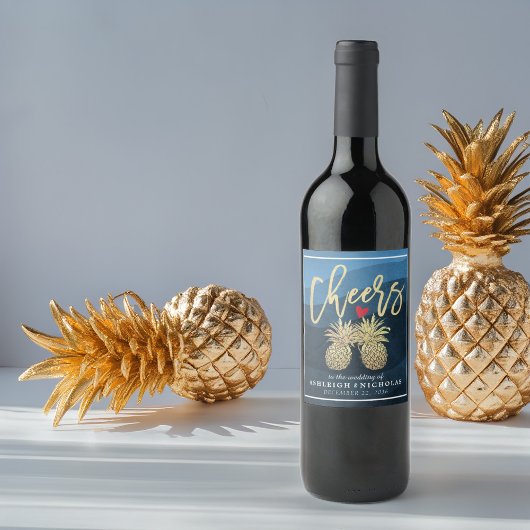 Cheers to Wedding Gold Pineapple Couple Navy Blue Wijn Etiket