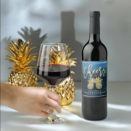 Cheers to Wedding Gold Pineapple Couple Navy Blue Wijn Etiket