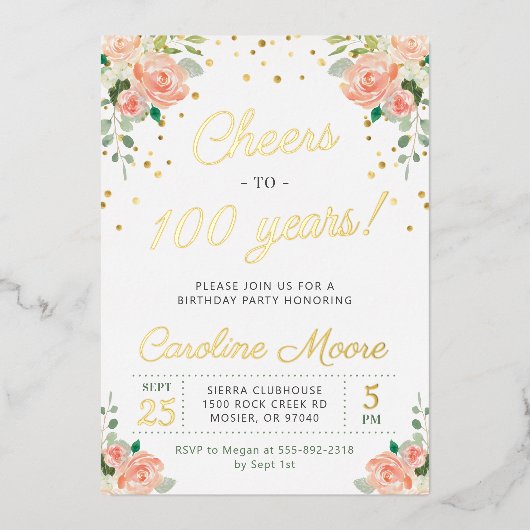 Cheers tot 100 jaar Dames 100e verjaardag Fo Folie Uitnodiging (Voorkant)