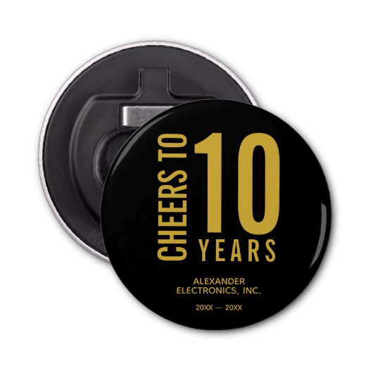 Cheers tot 10 jaar Business Jubileum Button Flesopener (Voorkant)