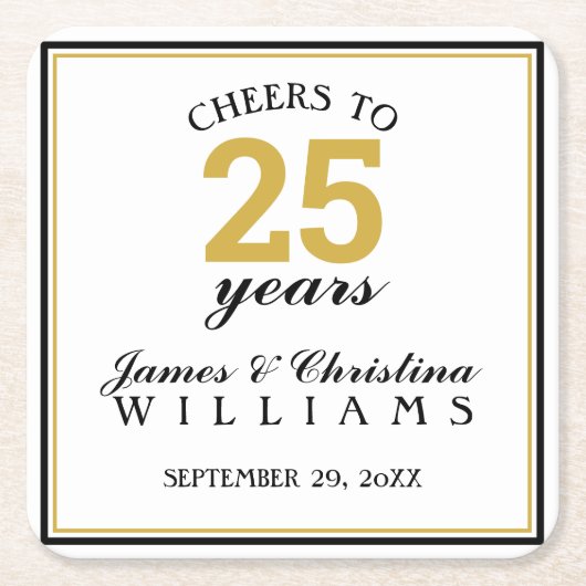 Cheers tot 25 jaar bruiloft Jubileum Gold Kartonnen Onderzetters (Voorkant)