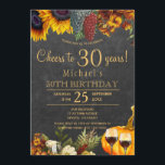 Cheers tot 30 jaar bijtende herfst 30e verjaardag kaart<br><div class="desc">Geel gouden en roestige oranje herfstzonnebloemen, druiven, twee rode wijnglazen en een waterverf pompoen over een donkerbruine schuur herfst achtergrond maken van een sierlijke juichen tot 30 jaar verjaardagsfeest uitnodiging met een trendy handschrift gouden typografie script. Eenvoudig te personaliseren met je gegevens! Geschikt voor traditionele rustieke | land | boerderij...</div>