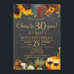Cheers tot 30 jaar bijtende herfst 30e verjaardag kaart<br><div class="desc">Geel gouden en roestige oranje herfstzonnebloemen, druiven, twee rode wijnglazen en een waterverf pompoen over een donkerbruine schuur herfst achtergrond maken van een sierlijke juichen tot 30 jaar verjaardagsfeest uitnodiging met een trendy handschrift gouden typografie script. Eenvoudig te personaliseren met je gegevens! Geschikt voor traditionele rustieke | land | boerderij...</div>