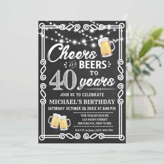 Cheers tot 40 jaar Birthday Chalk BBQ Uitnodiging (Staand voorkant)