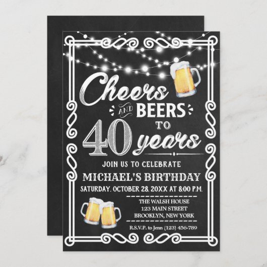 Cheers tot 40 jaar Birthday Chalk BBQ Uitnodiging (Voorkant / Achterkant)
