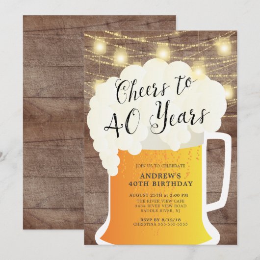 Cheers tot 40 jaar uitnodiging op verjaardag (Voorkant / Achterkant)