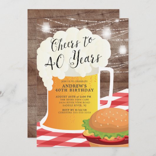 Cheers tot 40 jaar uitnodiging op verjaardag (Voorkant / Achterkant)