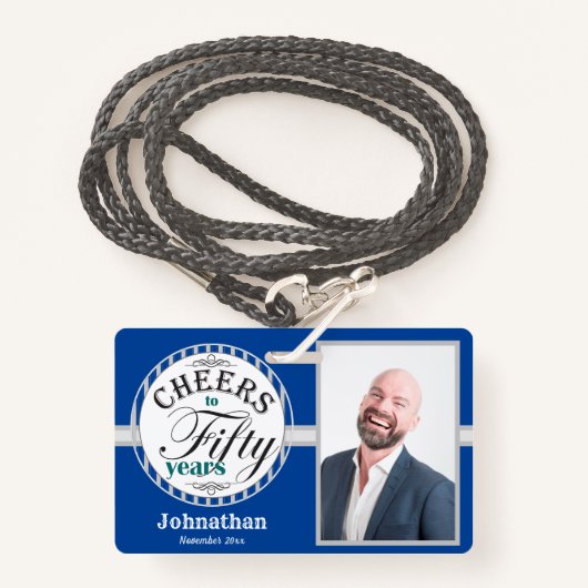 Cheers tot 50 jaar partij één foto blauw badge (Voorkant met draagriem)