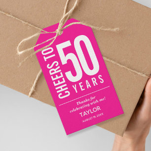 Cheers tot 50 jaar warme roze feestbevoordeling cadeaulabel
