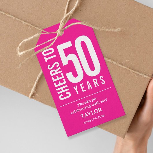 Cheers tot 50 jaar warme roze feestbevoordeling cadeaulabel
