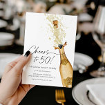 Cheers tot 50th Birthday Photo Invitation Kaart<br><div class="desc">Laten we Cheer tot 50! Aanwezige uitnodiging tot foto. Ontworpen met een prachtige waterverf Gold Champagne-fles. Overeenkomende items in ons Cava Party-ontwerp van de winkel.</div>