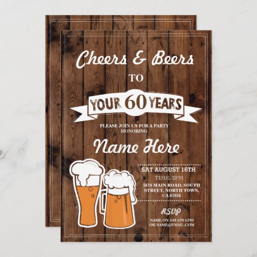 Cheers tot 60 jaar Uitnodiging op 40e 50e verjaard (Voorkant / Achterkant)