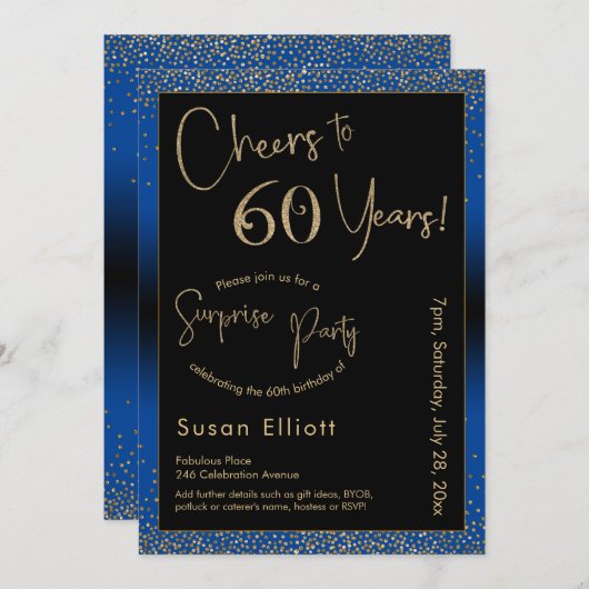 Cheers tot 60 jaar Verrassingsdag goud & blauw Kaart (Voorkant / Achterkant)
