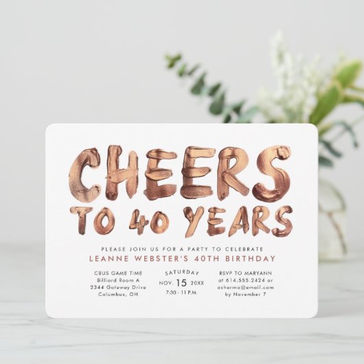 Cheers tot veertig jaar oud roos goud kaart (Staand voorkant)