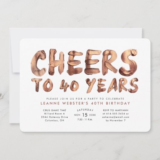 Cheers tot veertig jaar oud roos goud kaart (Voorkant)