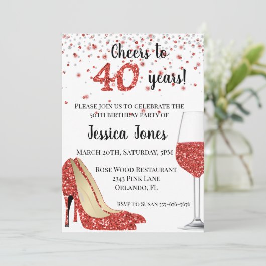 Cheers tot veertig jaar rode glitter-heels kaart (Staand voorkant)