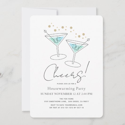 Cheers Turquoise Blue Housewarming Cocktail Party Kaart (Voorkant)