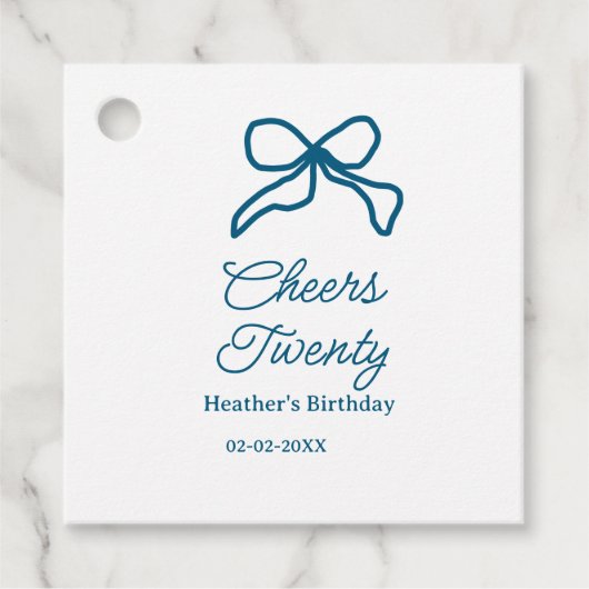 Cheers twenty blue birthday bow name date boho ret bedankjes labels (Voorkant)