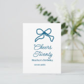 Cheers twenty blue birthday bow name date boho ret briefkaart (Staand voorkant)
