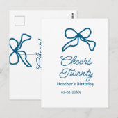 Cheers twenty blue birthday bow name date boho ret briefkaart (Voorkant / Achterkant)