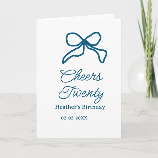 Cheers twenty blue birthday bow name date boho ret kaart (Voorkant)