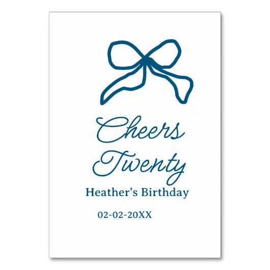 Cheers twenty blue birthday bow name date boho ret kaart (Voorkant)