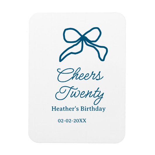Cheers twenty blue birthday bow name date boho ret magneet (Verticaal)