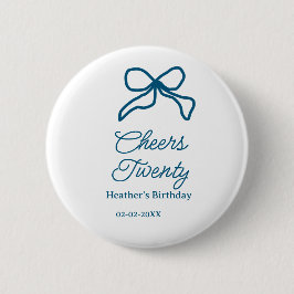 Cheers twenty blue birthday bow name date boho ret ronde button 5,7 cm
