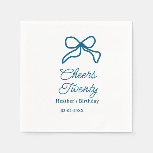 Cheers twenty blue birthday bow name date boho ret servet (Voorkant)