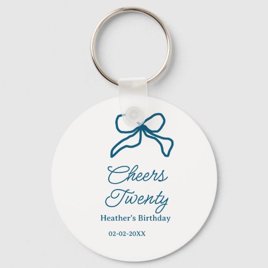 Cheers twenty blue birthday bow name date boho ret sleutelhanger (Voorkant)