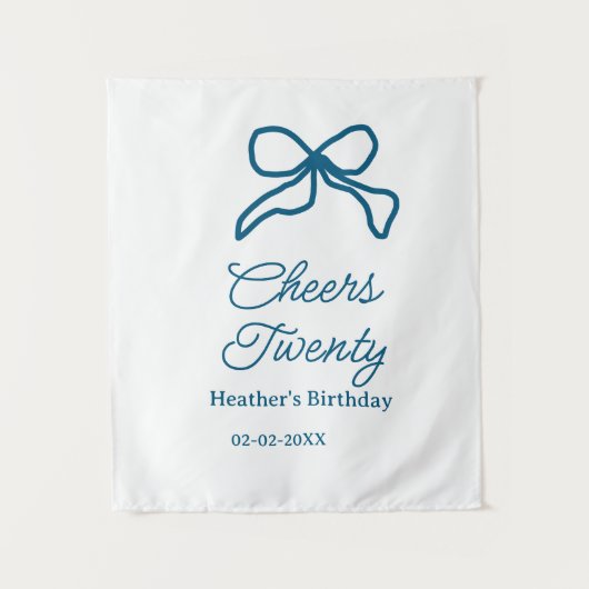 Cheers twenty blue birthday bow name date boho ret wandkleed (Voorkant)