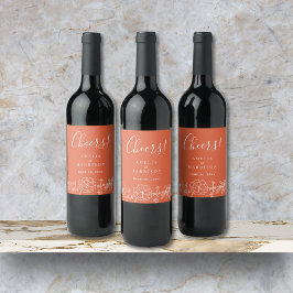 Cheers Verona Sunset Elegante Oranje Bloemen Huwel Wijn Etiket