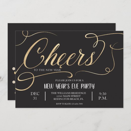 Cheers voor het nieuwe jaar Elegant Script Black Kaart (Voorkant / Achterkant)