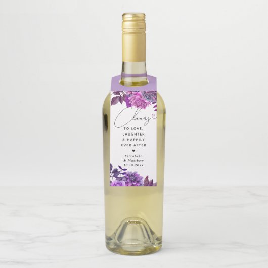 Cheers. Waterverf paarse bloementuin bruiloft Flessenhanger (Op fles)