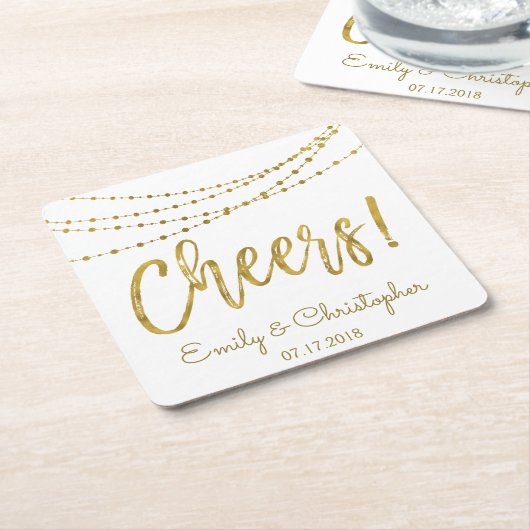Cheers White en Gold Foil String Lights Kartonnen Onderzetters (Schuin)