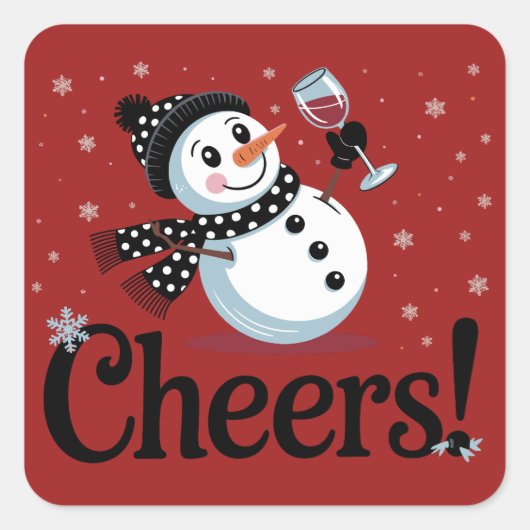 Cheers Wijn Kerst Sneeuwman Xmas Drink Winter Vierkante Sticker (Voorkant)