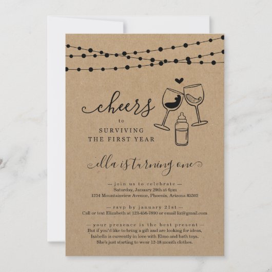 Cheers Wine Funny First Birthday Party Invitation Kaart (Voorkant)