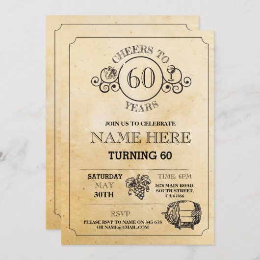 Cheers Wine Tasting Rustic Birthday Party Invite Kaart (Voorkant / Achterkant)