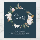 CHEERS | Witte Magnolia Bloemenmarineblauw Wijn Etiket (Enkel label)