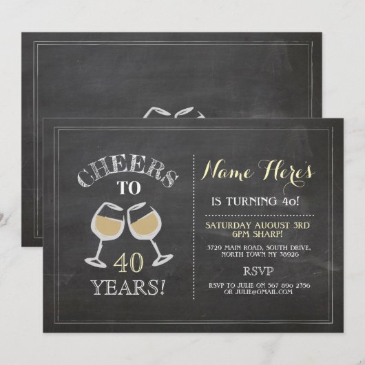 Cheers Witte Wijn Verjaardag Drink Chalk Uitnodige Kaart (Voorkant / Achterkant)