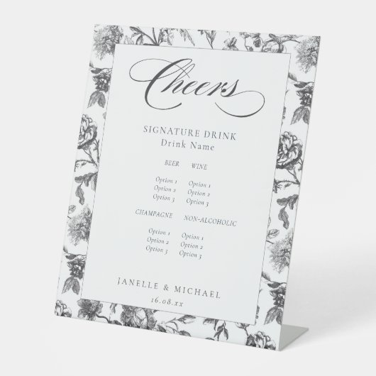 Cheers Zwart & Wit Antiek Toil Wedding Bar Menu Reclamebord Met Voetstuk (Voorkant)