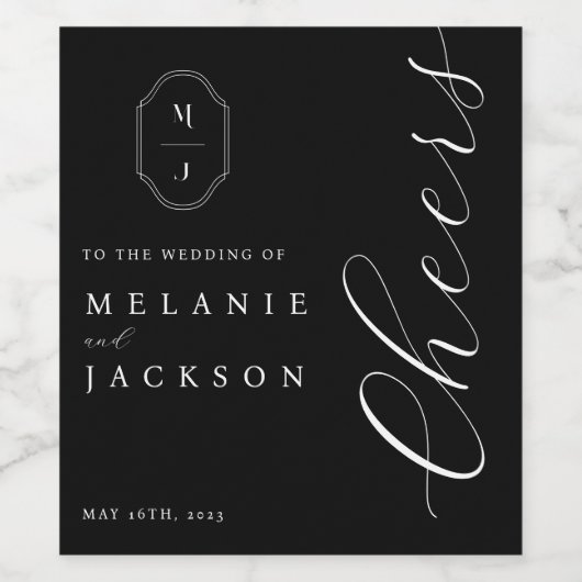 Cheers Zwart-wit gepersonaliseerd monogram Crest Wijn Etiket (Enkel label)