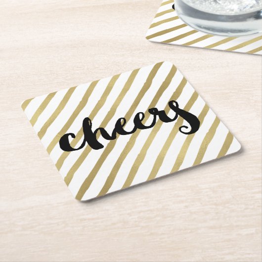 Cheers | Zwarte en Faux Gold Stripe Kartonnen Onderzetters (Schuin)