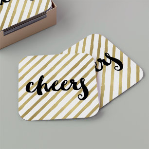 Cheers   Zwarte en Faux Gold Stripe Kartonnen Onderzetters