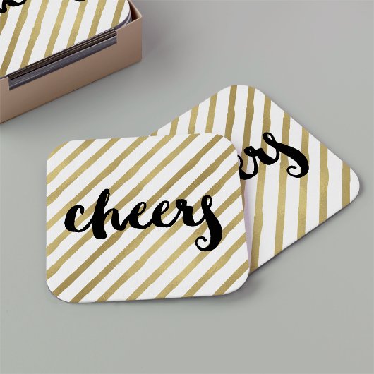 Cheers | Zwarte en Faux Gold Stripe Kartonnen Onderzetters