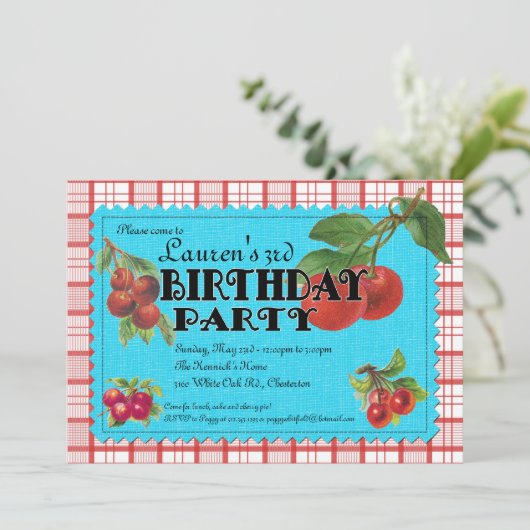 Cheery Cherry Birthday Party Invitation Kaart (Staand voorkant)